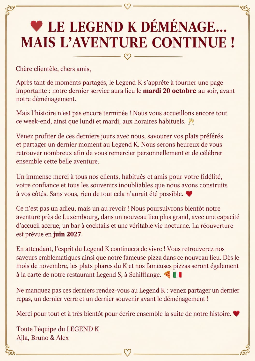 Lettre de l'équipe du Legend'K annonçant le déménagement : dernier service le mardi 20 octobre, remerciements à la clientèle, plats phares et pizzas au Legend S à Schifflange dès novembre, et réouverture près de Luxembourg en juin 2027