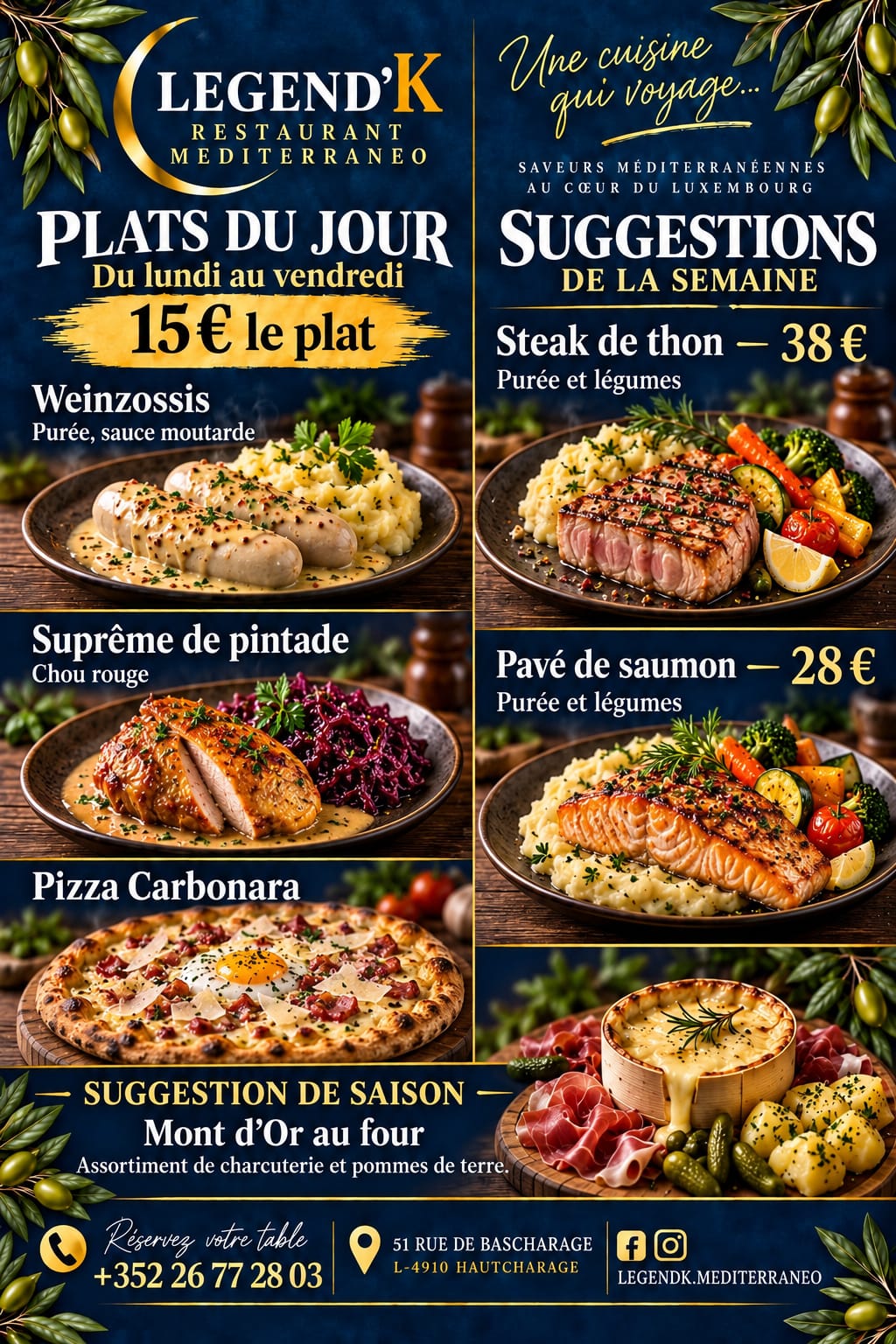 Plats du jour du lundi au vendredi à 15 € : Weinzossis, suprême de pintade, pizza Carbonara. Suggestions de la semaine : steak de thon 38 €, pavé de saumon 28 €, et Mont d'Or au four en suggestion de saison